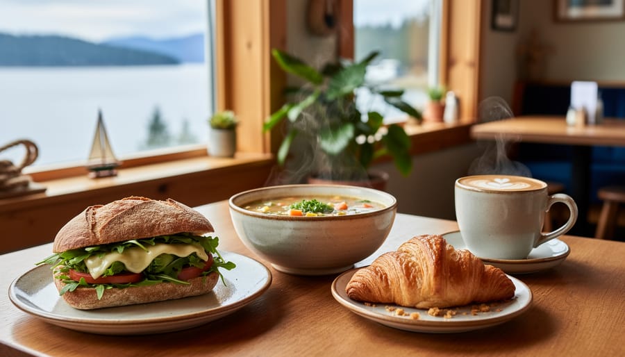 Coffee and comfort food on a café table including a latte, soup, sandwich, and pastry
