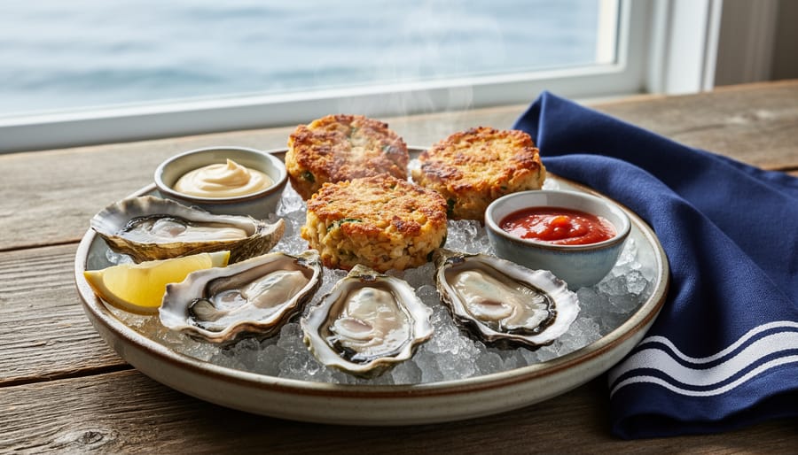 Seafood platter with oysters and crab cakes arranged on a wooden table with a small bowl of sauce