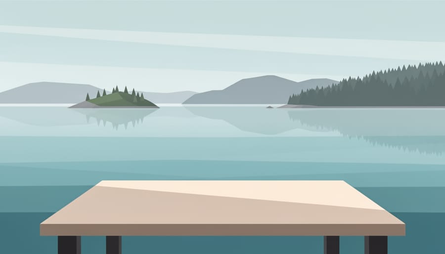 Table setting with cutlery and seashell near a window overlooking the water and coastal greenery