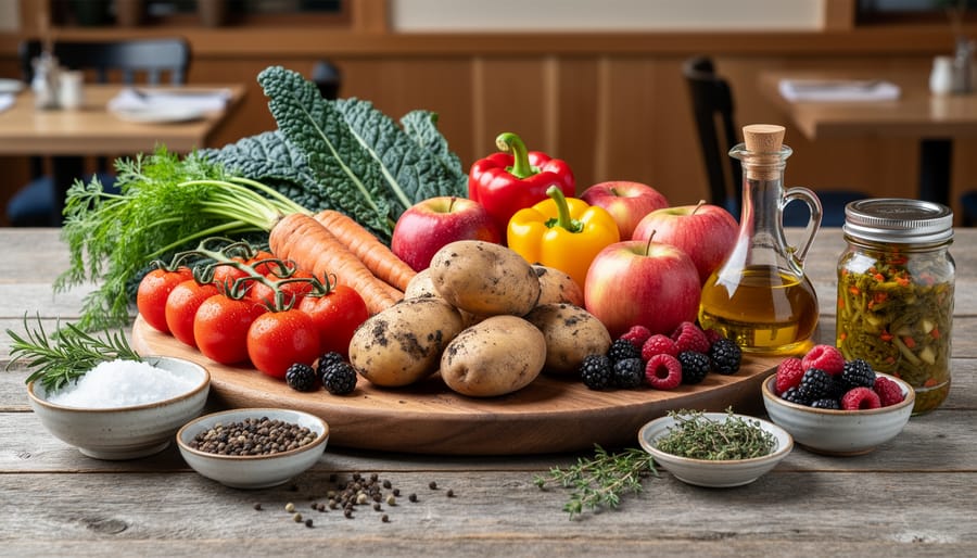 Chef’s hands arranging fresh local vegetables like greens and tomatoes on a plate with olive oil and salt