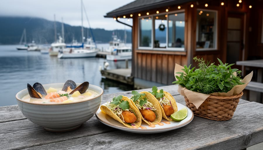Harbor-side café table on Bowen Island with seafood chowder, fish tacos, and foraged greens under soft daylight with marina boats blurred in the background.