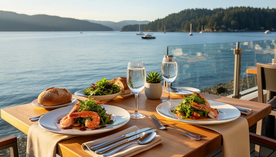 Seafood meal on a table by a window with ocean views at golden hour