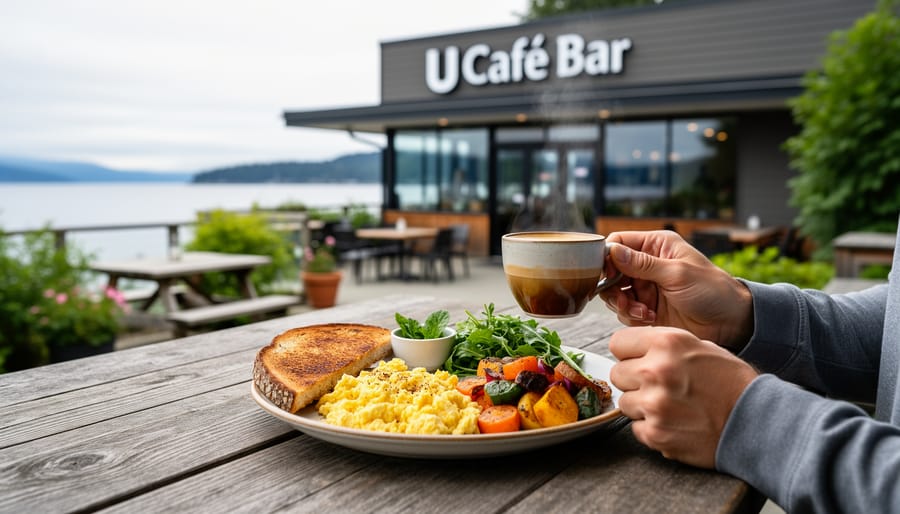 Warm espresso cup and seasonal breakfast on an outdoor table in front of U Cafe Bar on Bowen Island, with greenery and café seating behind.