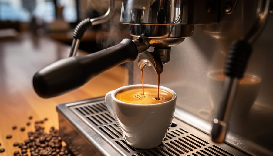 Barista hands preparing an espresso at U Cafe Bar with a glass cup showing crema.