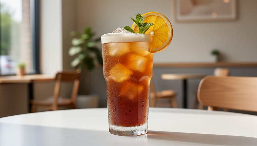 Specialty iced drink with ice and a citrus or herb garnish at U Cafe Bar.