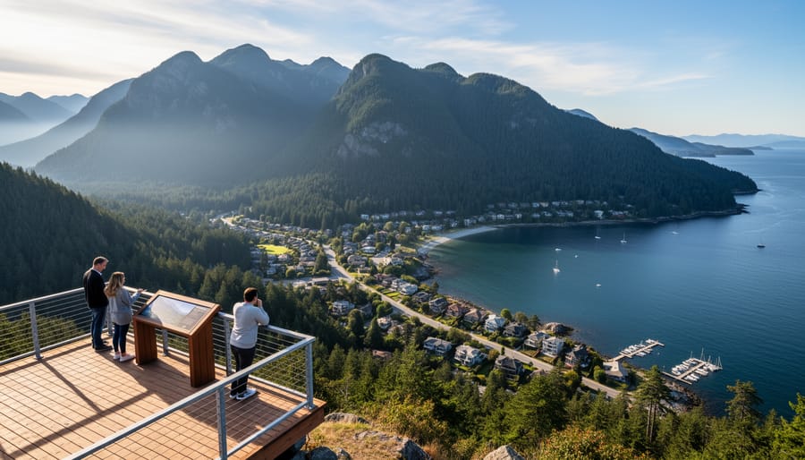 Wide view of Bowen Island’s forested slopes and rocky shoreline in Howe Sound