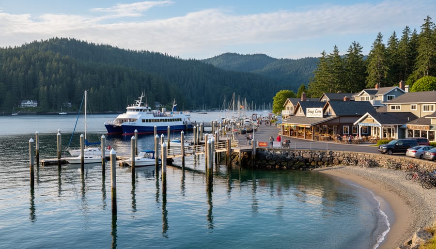 Snug Cove waterfront with marina water, village buildings, and a ferry docked