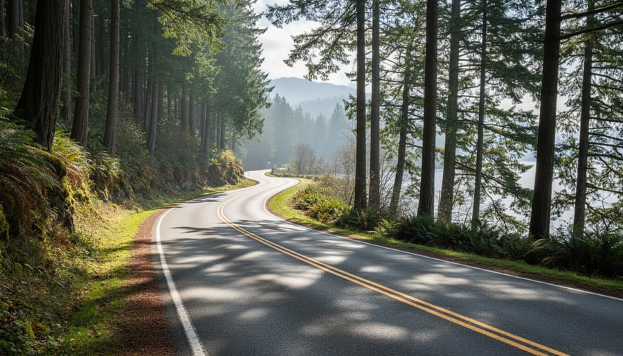 A winding road through coastal evergreen forest on Bowen Island